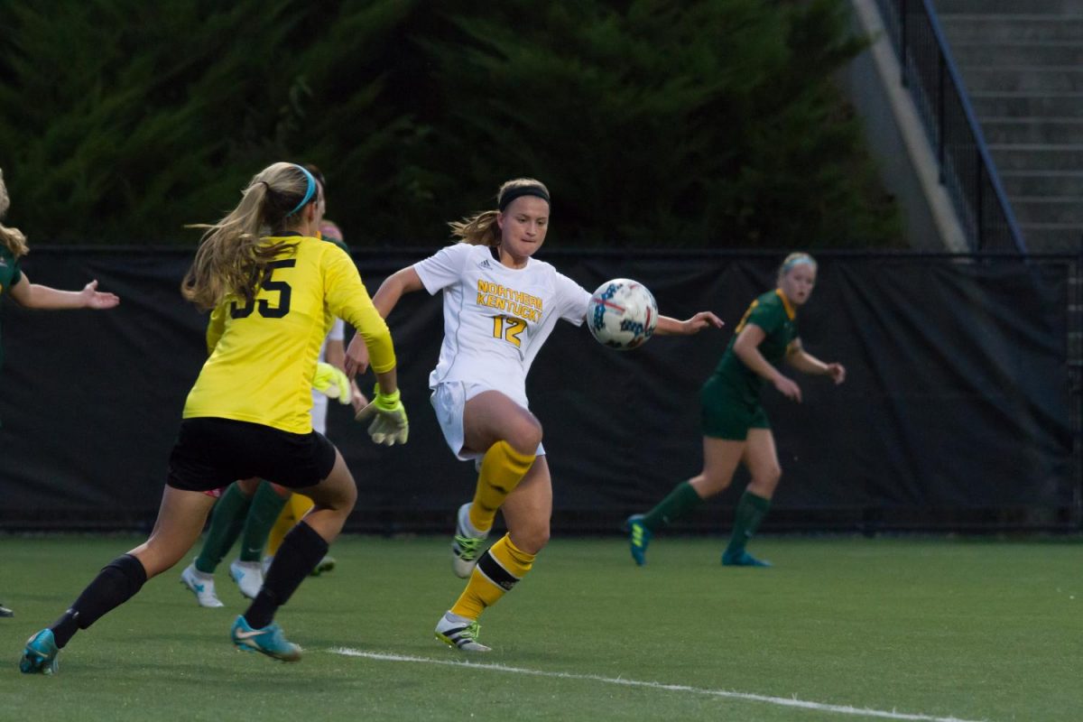 September 27, 2017--Jessica Frey (12) prepares to take a shot on goal in the game against Wright State at NKU Soccer Stadium in Highland Heights, Ky
