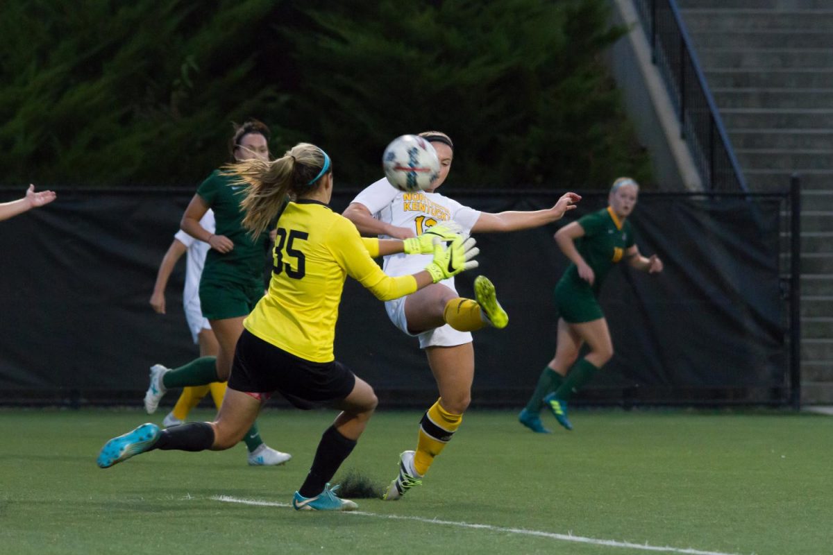 September 27, 2017--Jessica Frey (12) takes a shot in the game against Wright State at NKU Soccer Stadium in Highland Heights, Ky
