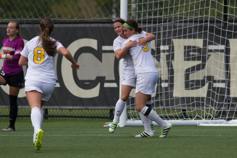 Jessica Frey (left) and Macy Hamblin (right) celebrate after a goal by Frey.