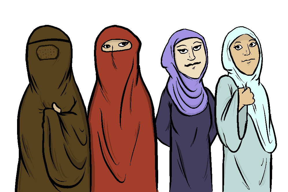 Muslim headdresses from left to right : burqa, niqab, hijab, and chador. 