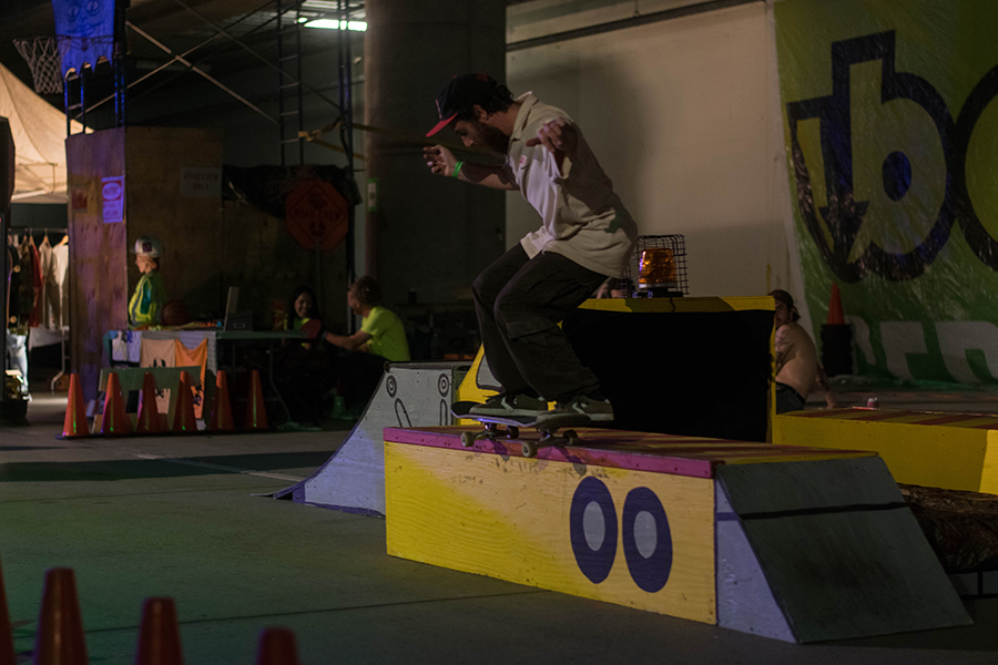 Construction themed skate ramps and boxes were setup for skateboarders at Ubahn Fest.