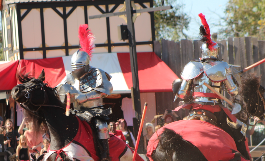 Lances splinter apart as knights joust at the Ohio Renaissance Festival on Oct. 14.