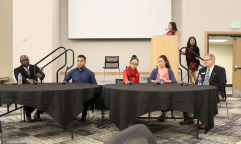 From left to right, Felix Okpe, Victor Ponce, Sandra Oñate, Allison Herre, and W. Allen Cole served as panelists at the DACA town hall on Oct. 19.