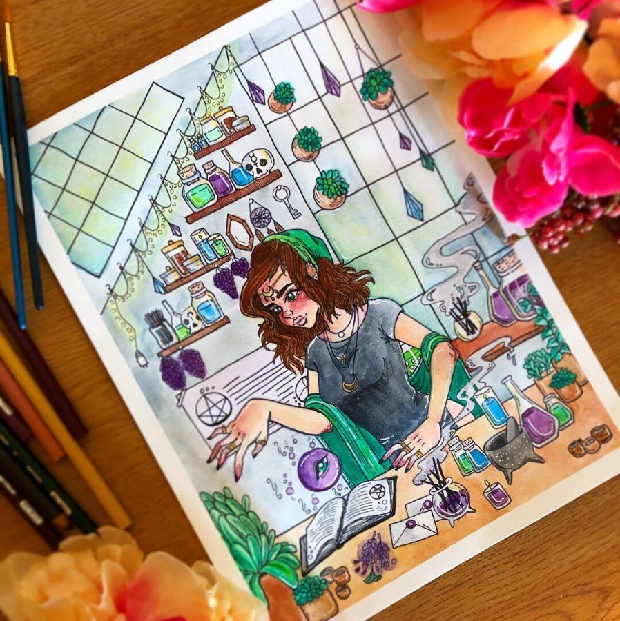 Succulents and herbs hang from the cluttered witch's workspace. Kyle heavily draws inspiration from Wicca. 