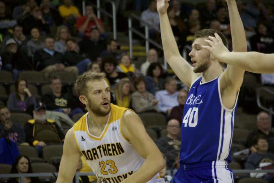 NKUs Carson Williams backs down a Berea defender on Wednesday night at BB&T Arena.