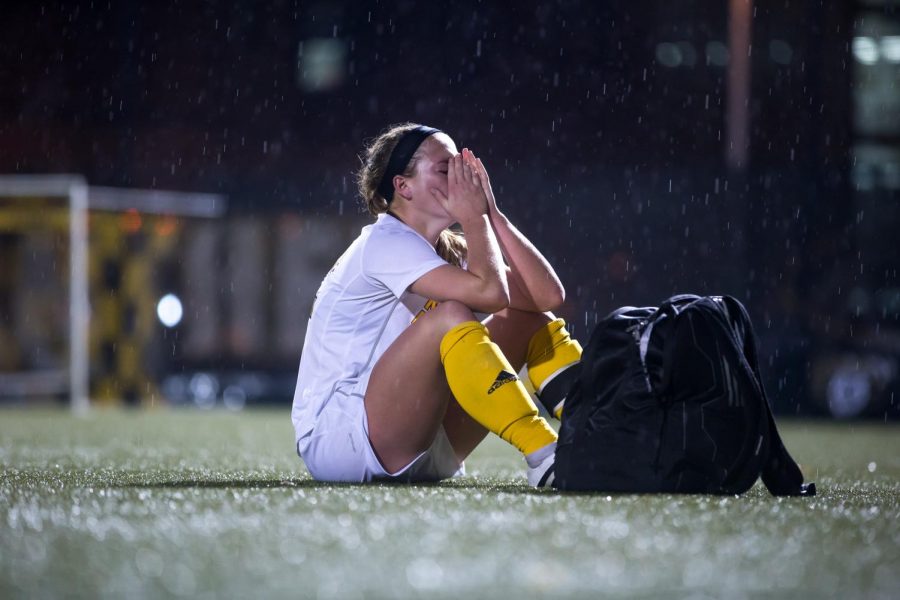 Jessica Frey (12) reacts to the 3-2 loss to IUPUI in the final game of her senior season in the Semi-Final game of the Horizon League Womens Soccer Tournament in Milwaukee, Wisconsin.