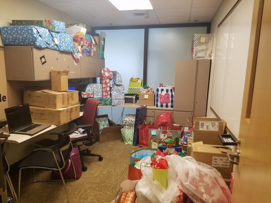 Gifts provided by sponsors fill an empty room in the Student Union.