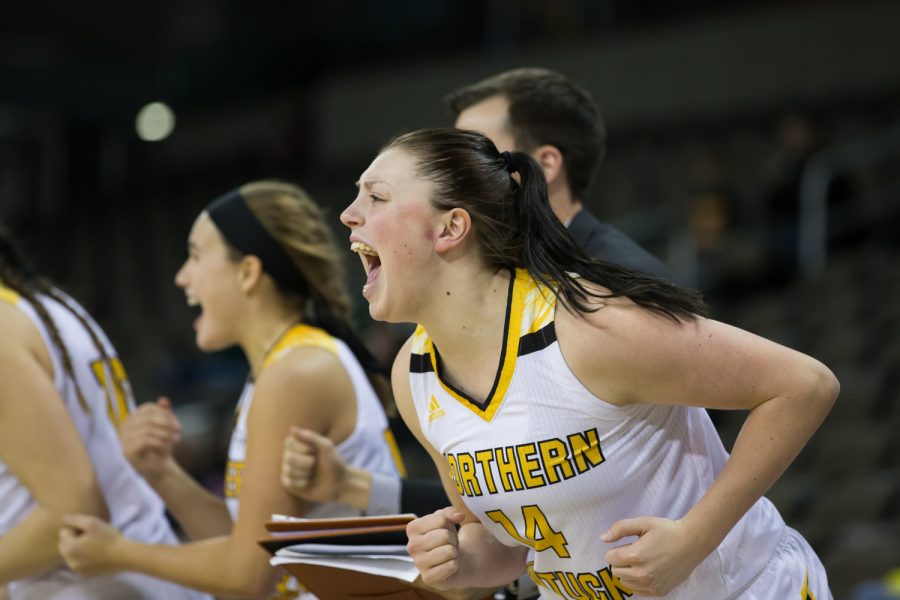 Reece Mungar (14) cheers after a score by the Norse in the game against Green Bay