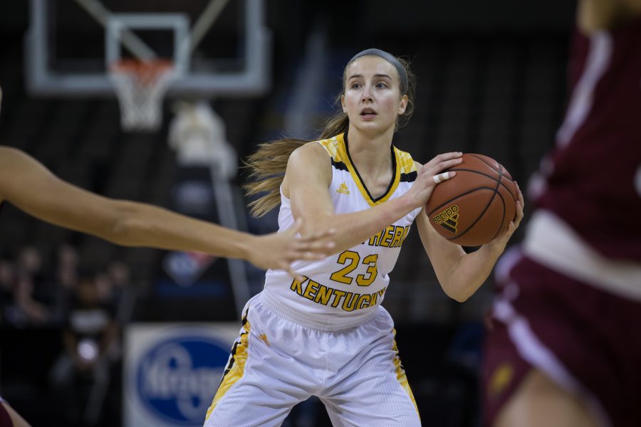 Kailey Coffey (23) looks for a teammate to pass to during the game against IUPUI.