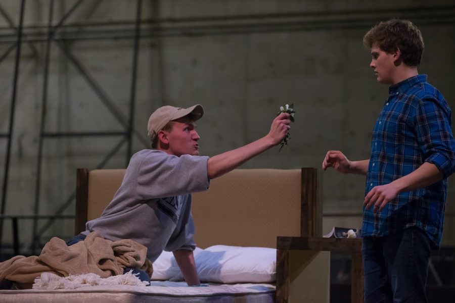 Student actors Jacob Miller and Alex Slade rehearse as Angels in America's opening date draws near.