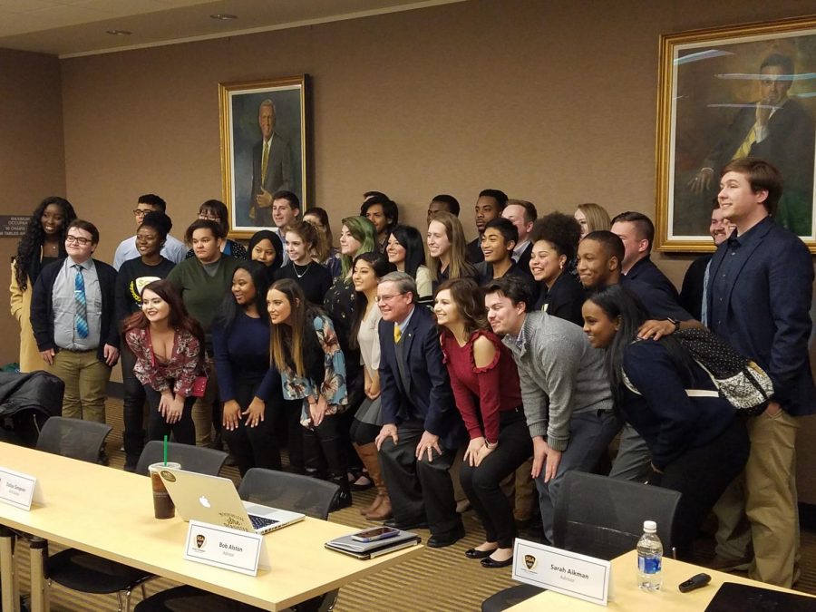 Interim president Gerard St. Amand with SGA senators on Feb. 5.