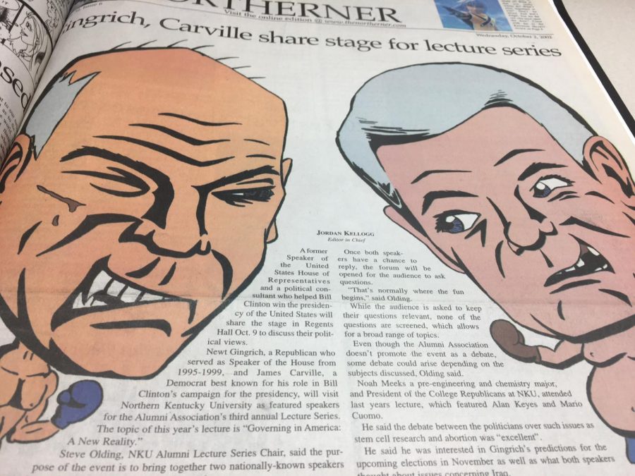 Flashback to 2002: Kelloggs coverage of the Carville/Gingrich debate on The Northerners front page.