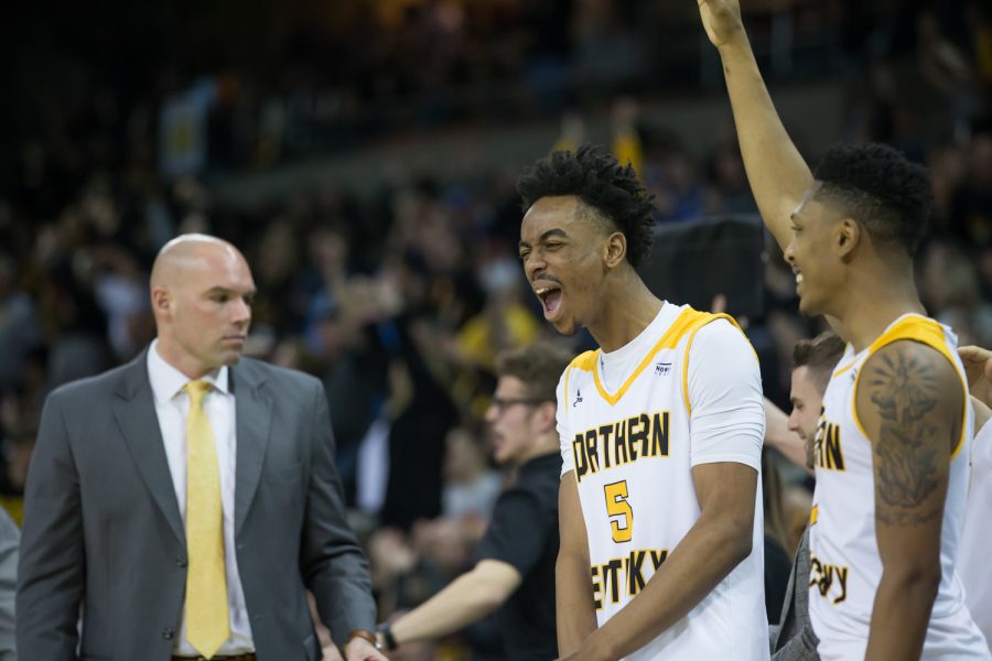 Jalen Tate (5) celebrates a basket by the Norse during the game against Green Bay.