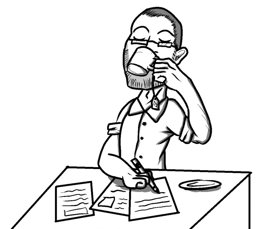 Kellogg at his desk, as imagined by our cartoonist.