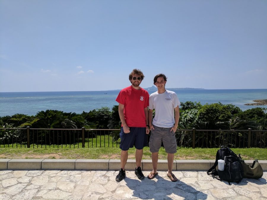 Austin Mayfield (right) with friend and fellow study abroad student, Dan Bonnes, outside Okinawa Churaumi Aquarium in Japan.