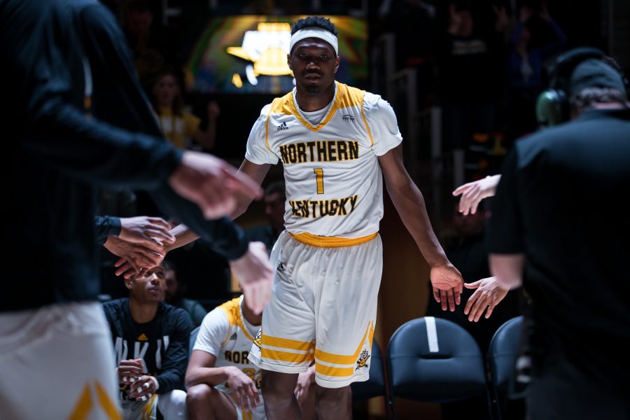 Jordan Garnett (1) is introduced before the game against Cleveland State at Little Caesars Arena.