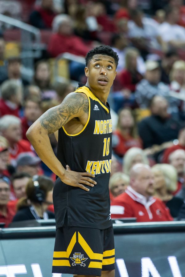 Lavone Holland II (30) reacts to the loss to Louisville at the KFC Yum center.