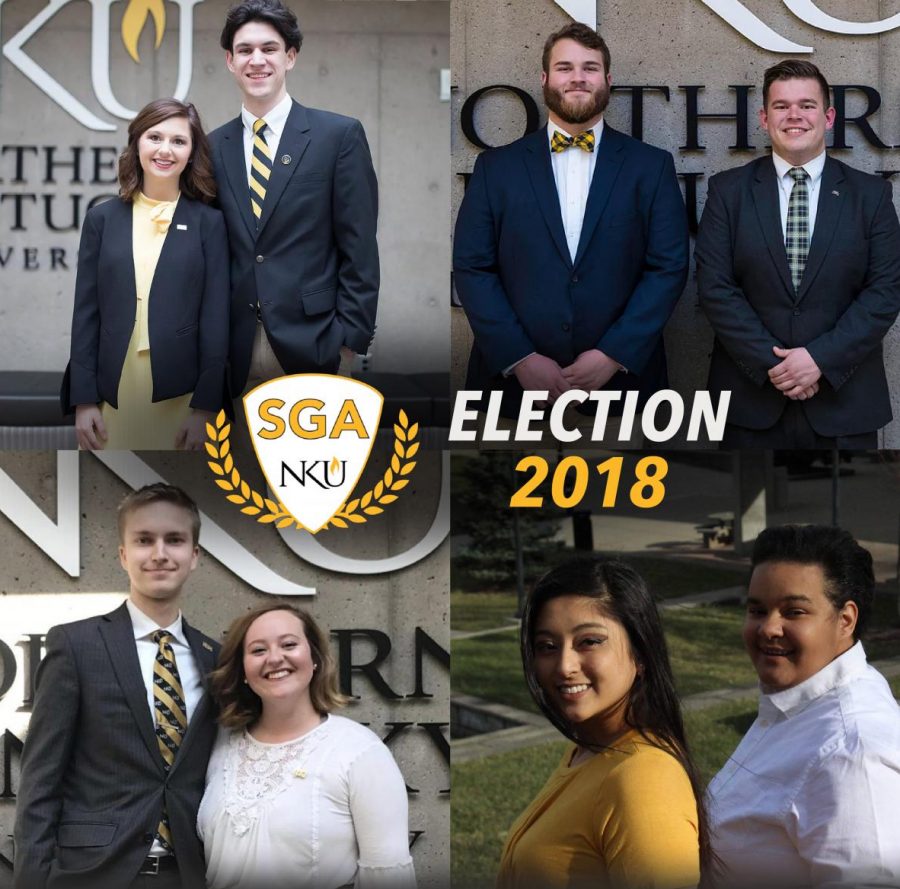 Four sets of candidates pitched their platforms to the student body on March 22. (Top L to R) Hannah Edelen and Matt Frey, Caleb Tiller and Taylor Gagne. (Below L to R) Derek Holden and Samantha Marcum, Jachelle Sologuren and Alex Voland.