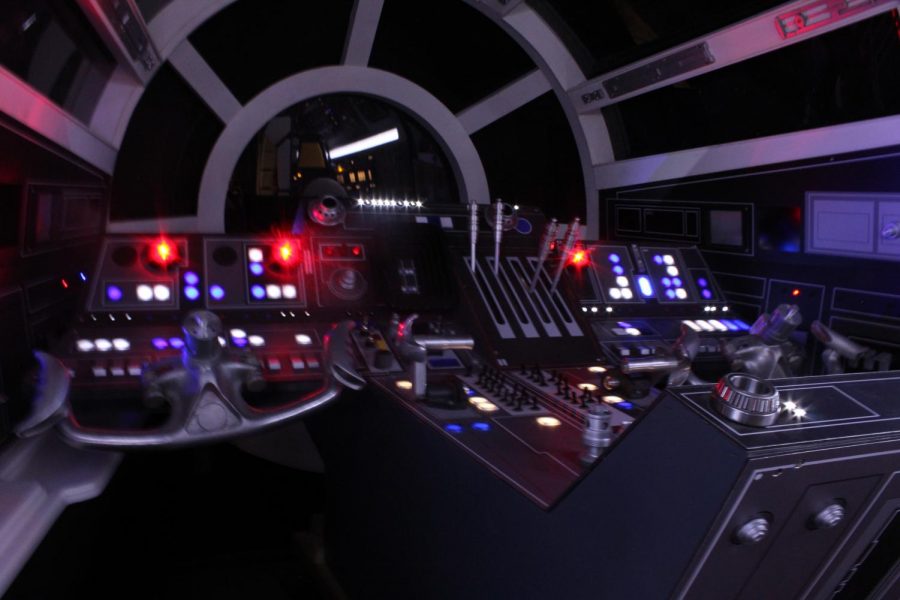 Inside the cockpit of the Millennium Falcon.