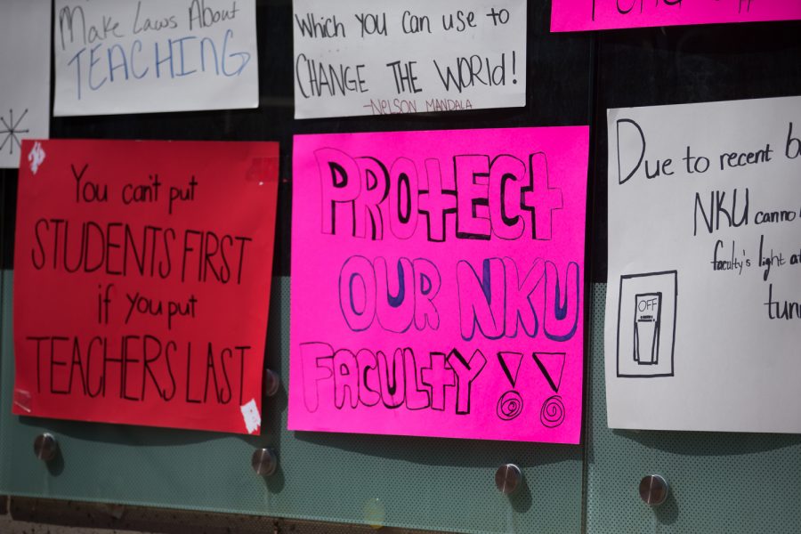 Signs hung on wall outside the Student Union on April 12.