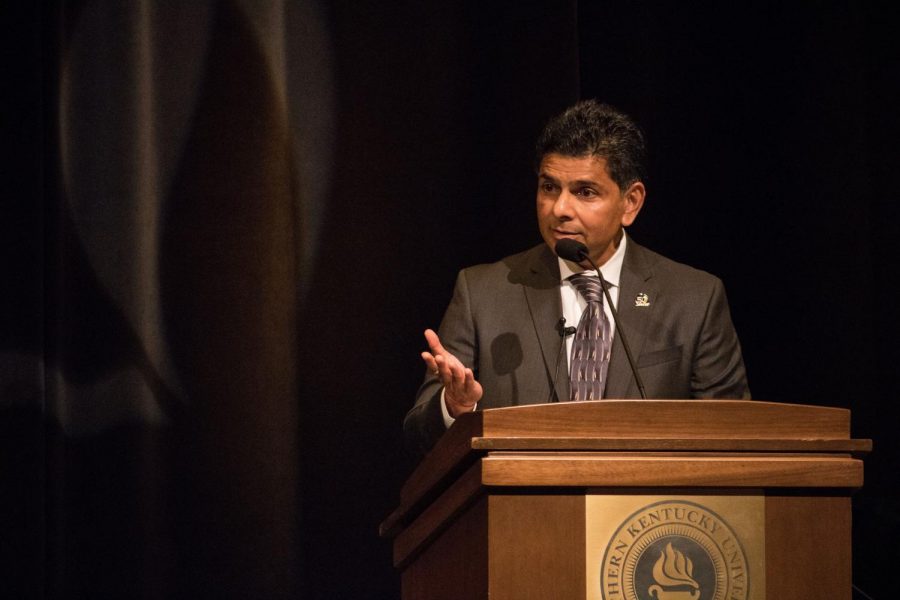 NKUs sixth president Dr. Ashish Vaidya addresses students, staff and alumni at Fall Convocation, Aug. 13, 2018.