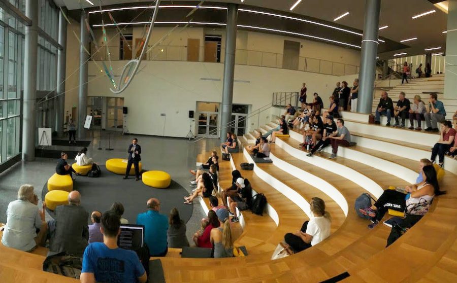 President Ashish Vaidya speaks at the launch for the Honors College inside the Health Innovation Center on Sept. 5, 2018. Honors is housed in Founders Hall, now connected to the HIC.