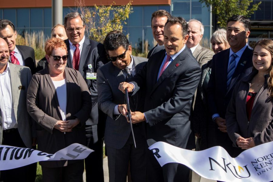 NKU Provost Sue Ott Rowlands, NKU President Ashish Vaidya, Governor Matt Bevin, NKU Board of Regents Chair Lee Scheben and NKU nursing student Cayla Destafani at the Health Innovation Center dedication Oct. 17, 2018.