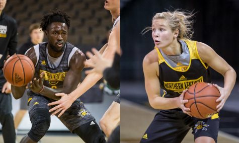 Left: Silas Adheke (0) looks to pass to a teammate during basketball media day. Right: Taryn Taugher (11) searches for a teammate during a drill during basketball media day.