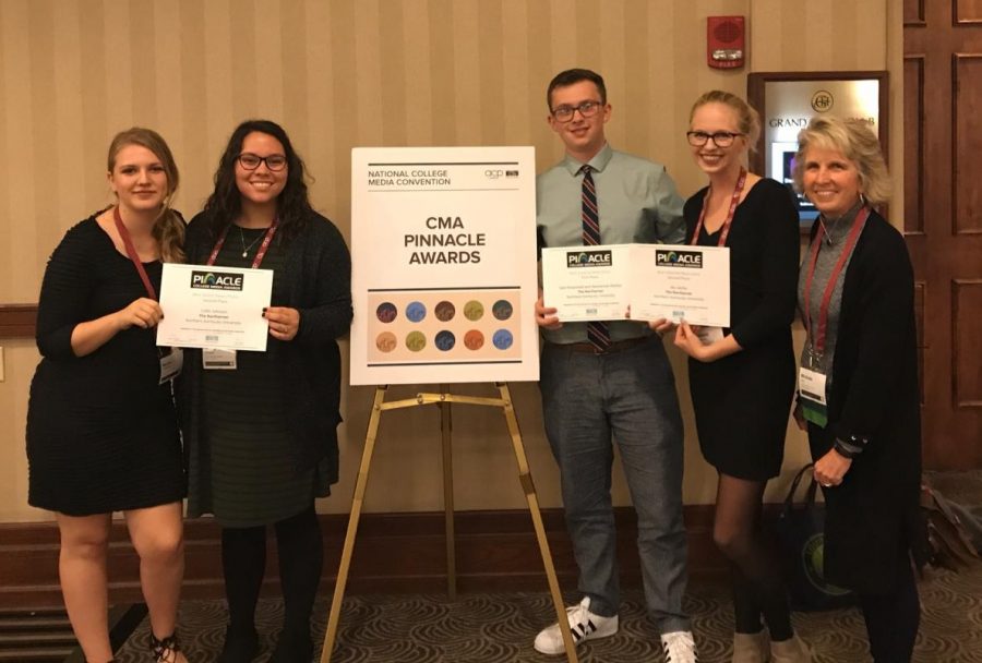 Managing Editor Nicole Browning, Social Media Editor Maria Dossett, Editor-in-Chief Sam Rosenstiel, News Editor Natalie Hamren and Northerner Adviser Michele Day receive Pinnacle Awards at the National College Media Convention, Oct. 26, 2018.