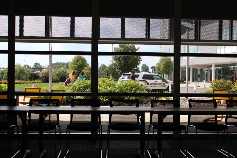 A patrol vehicle viewed from the glass windows of Student Union Room 108.
