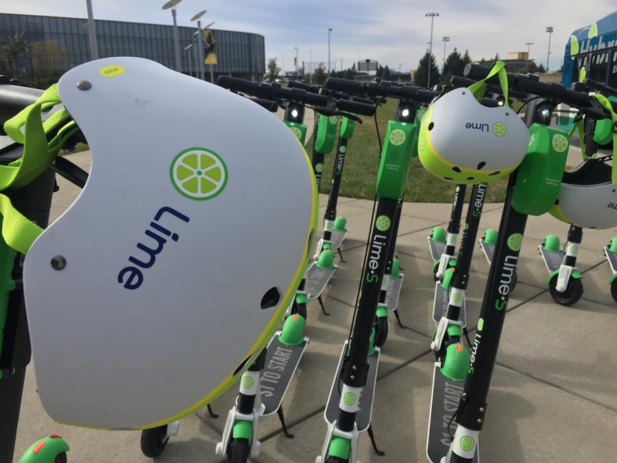 Lime scooters parked outside of the Student Union. Lime visited campus in October.