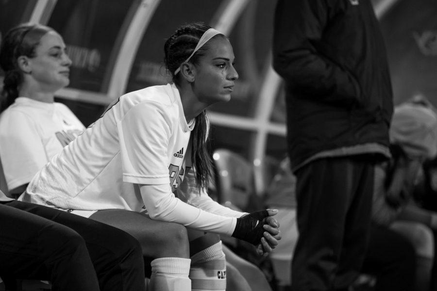 Samantha Duwel (27) reacts to the 2-1 loss to Oakland during the Quarter Final match of the Horizon League Womens Soccer Tournament.