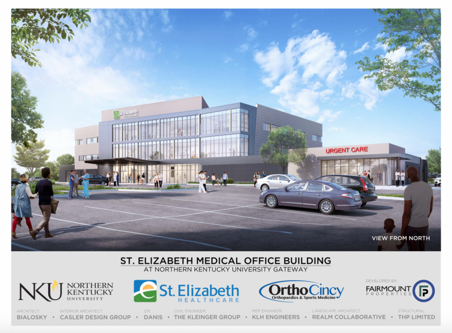 A rendering of the new St. Elizabeth Healthcare and OrthoCincy building at the entrance of NKU's main campus.