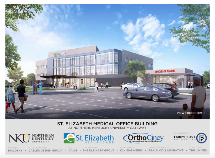 A rendering of the new St. Elizabeth Healthcare and OrthoCincy building at the entrance of NKUs main campus.