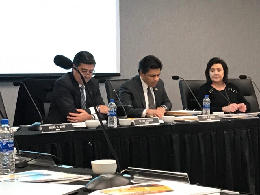 Regents Chair Lee Scheben and President Dr. Ashish Vaidya at a Board of Regents meeting Nov. 14, 2018.