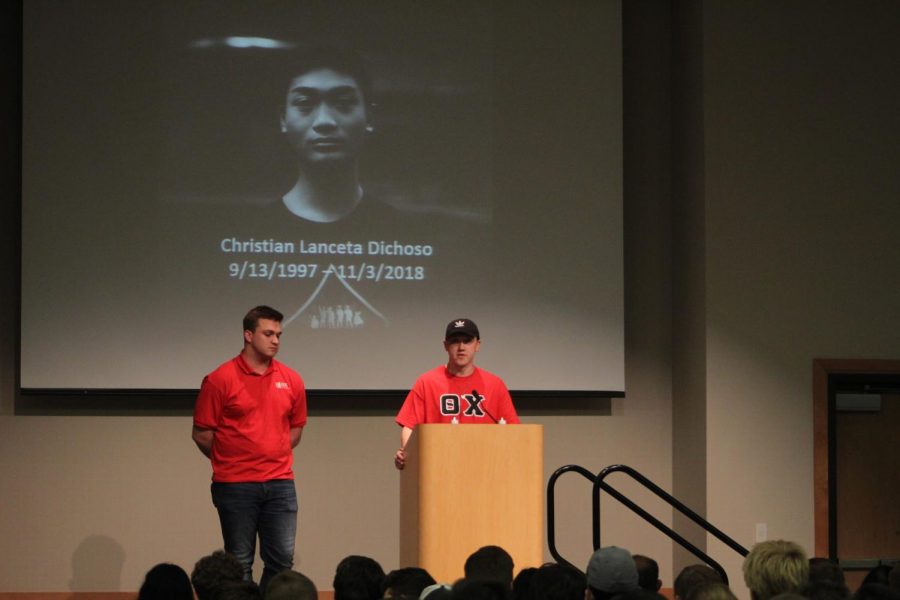 Theta Chi Fraternity President Ethan Poweleit (L) and Interfraternity Council President Isaac Dailey (R) spoke on the creation of the Christian "Jet Li" Dichoso Memorial scholarship at the vigil on Tuesday, Nov. 6, 2018.