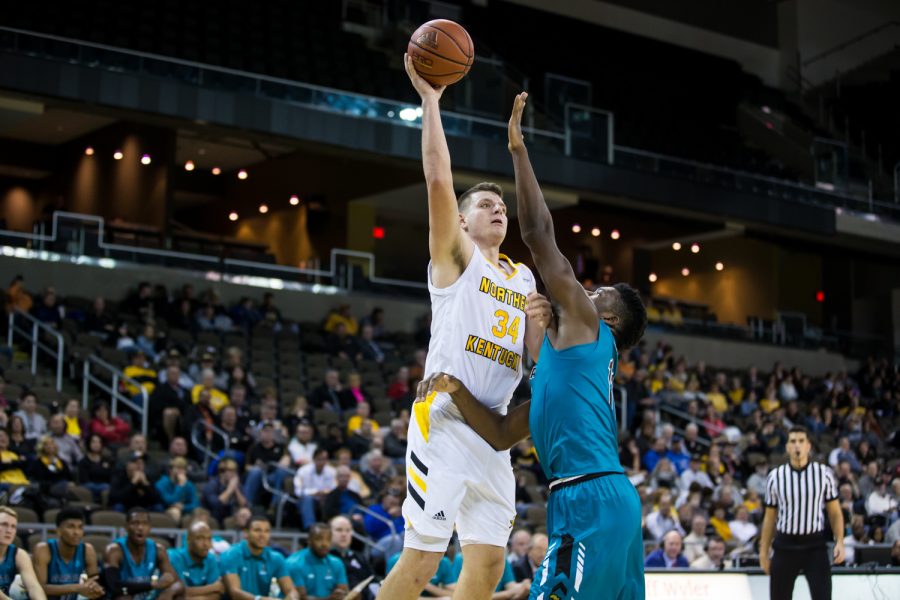 Drew McDonald (34) shoots during the game against Coastal Carolina. McDonald shot 8-of-12 from the field on the night.