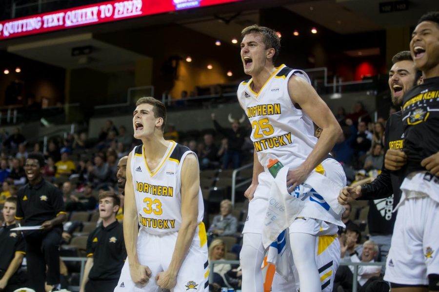NKU Players Celebrate after a point during the game against UNC Asheville. The Norse won 77-50.