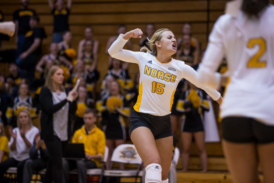 Maddy Weber (15) celebrates after a Norse point during the game against Oakland.