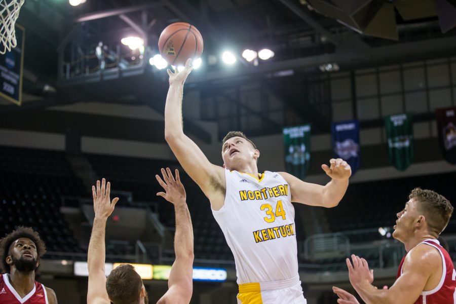 Drew McDonald (34) goes up for a shot during the game against IUPUI. McDonald had 24 points on the game.