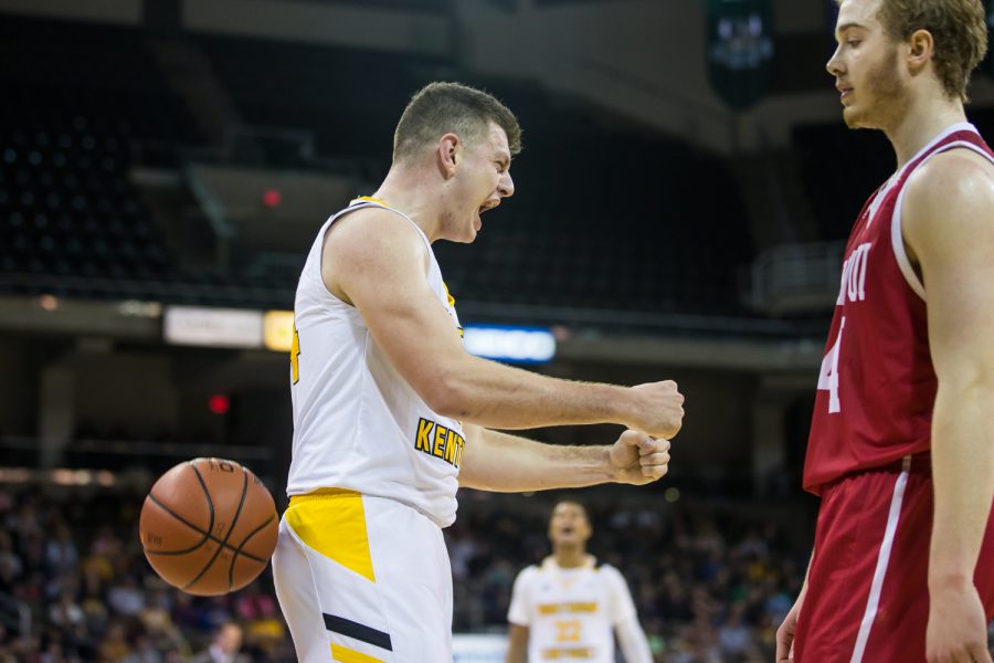 Drew McDonald (34) reacts to a point during the game against IUPUI. McDonald had 24 points on the game.
