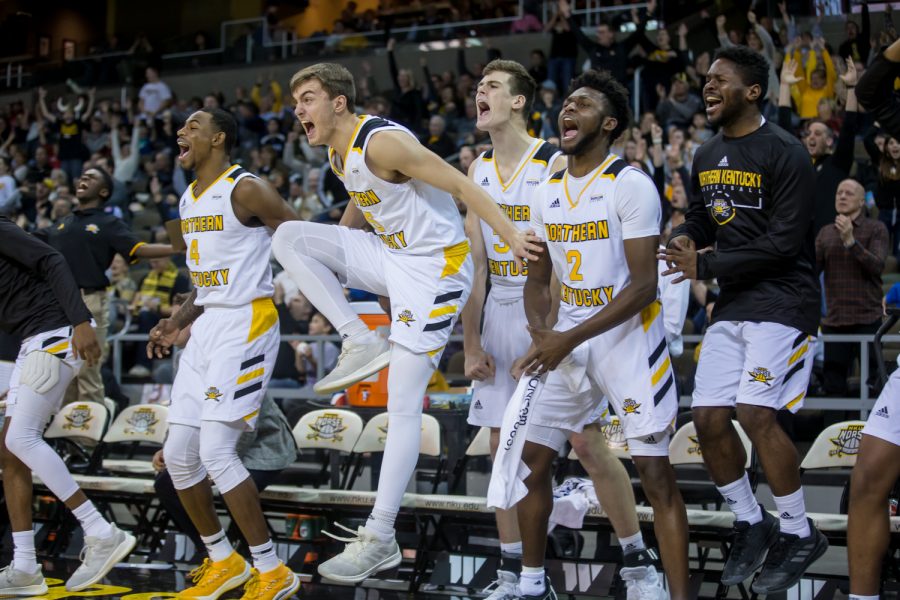 NKU+players+react+after+a+play+during+the+game+against+Miami+University.+The+Norse+defeated+the+RedHawks+72-66.