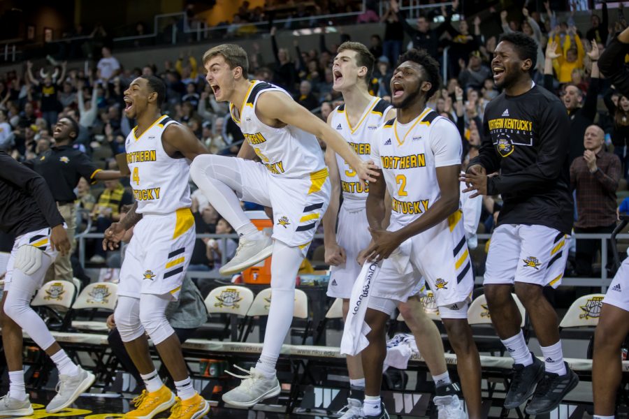 NKU players react after a play during the game against Miami University. The Norse defeated the RedHawks 72-66.