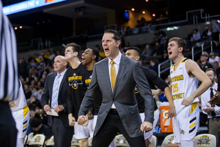 Men's Basketball Head Coach John Brannen reacts to a play on the court during the game against Northern Illinois. The Norse defeated Northern Illinois 65-62.