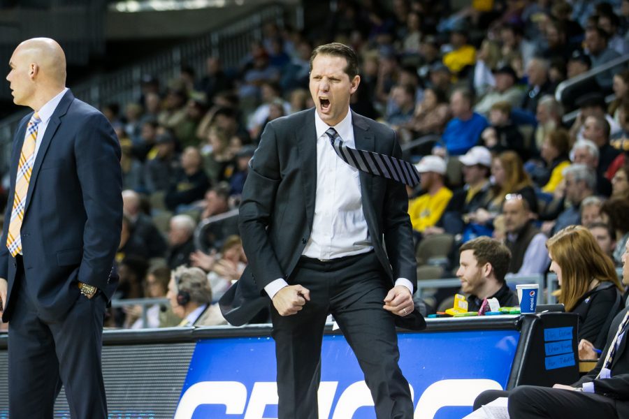 Men's Basketball Head Coach John Brannen reacts during the game against UIC. The Norse defeated UIC 73-58.