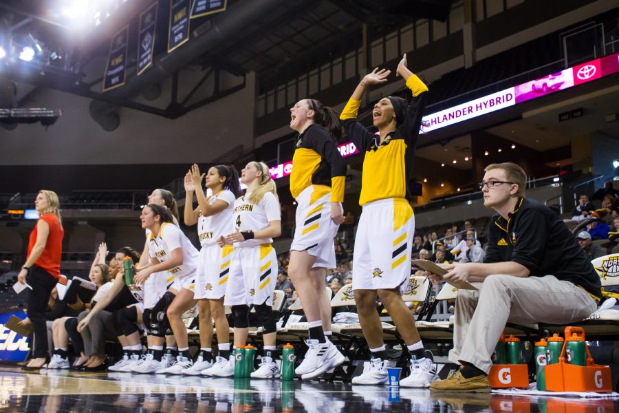 NKU+Womens+Basketball+Players+cheer+after+a+point+during+the+game+against+Green+Bay.+The+Norse+fell+81-61.