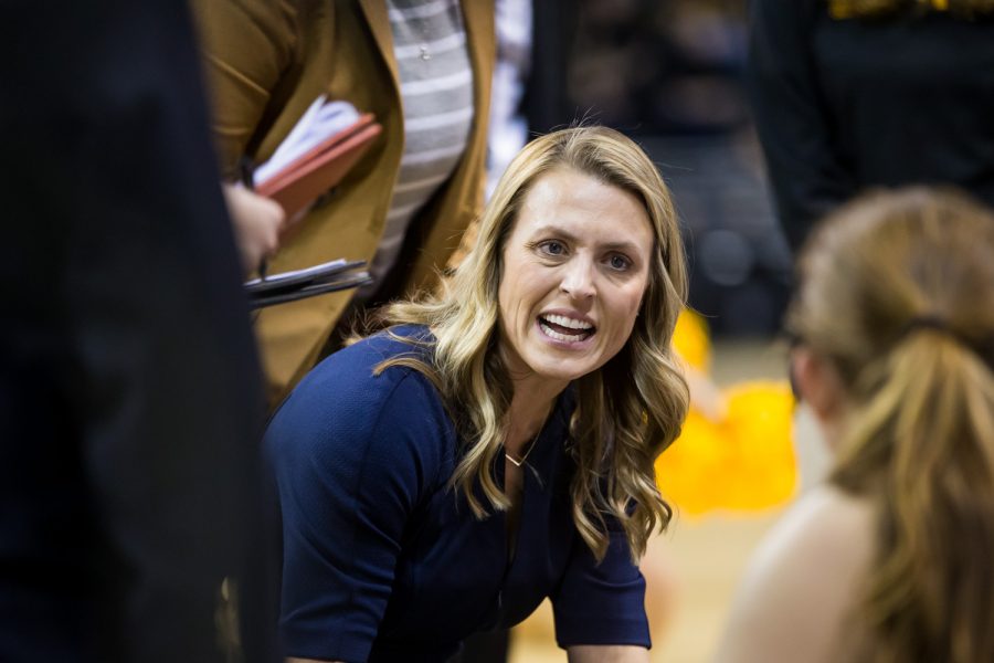 Head Coach Camryn Whitaker talks to players during a timeout during the game against Oakland, Jan. 27, 2019.