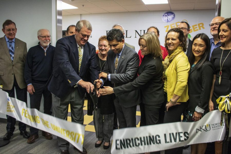 Kroger Chief Financial Officer J. Michael Schlotman, NKU Provost Sue Ott Rowlands, NKU President Ashish Vaidya and Dr. Jessica Averitt Taylor cut the ribbon for FUEL NKUs newest food pantry.