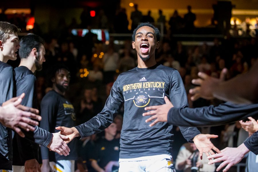 Jalen Tate (11) is introduced before the homecoming game against Oakland. The Norse defeated Oakland 79-64.