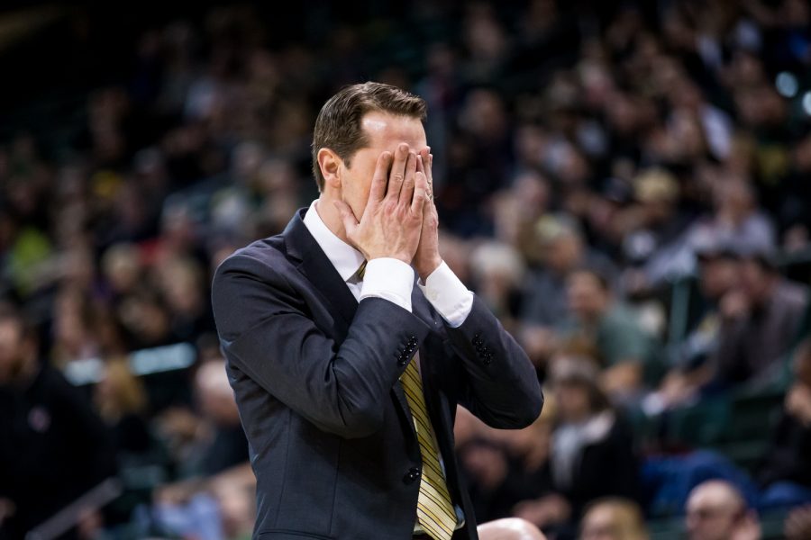 Mens Basketball Head Coach John Brannen reacts during the game against Wright State. The Norse fell to Wright State 81-77.